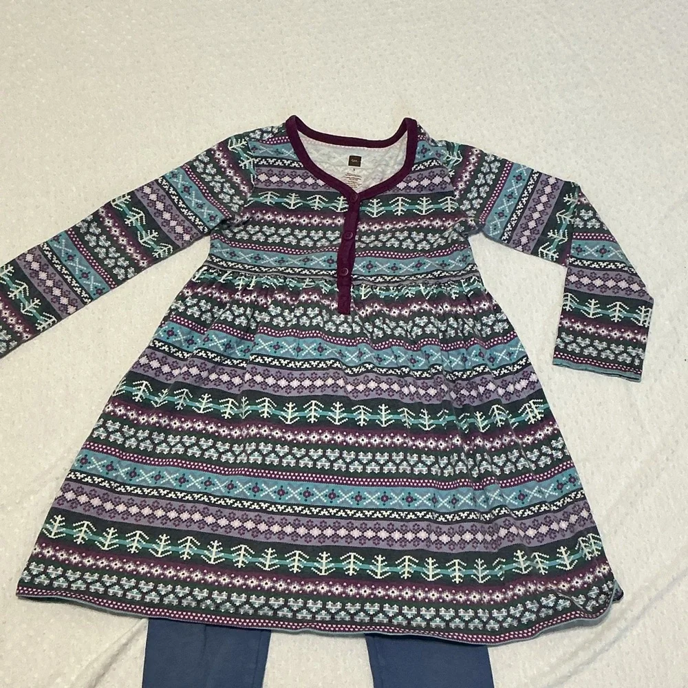 TEA COLLECTION Blue Purple Fair Isle Tunic Dress & Leggings Girl's size 5